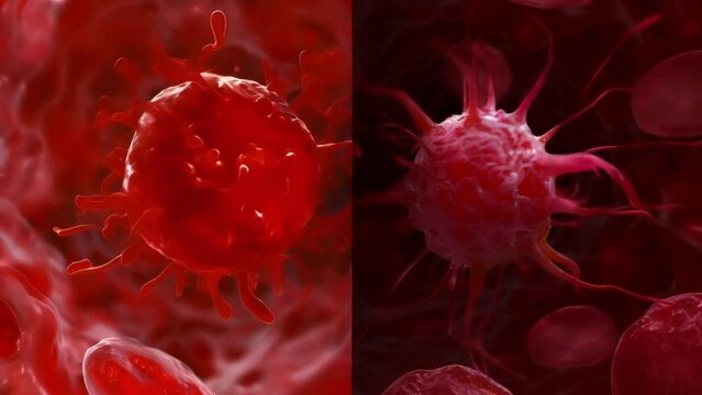 A sidebyside comparison of a normal red cell and a cancerous red cell visibly enlarged and distorted representing the diseases impact . AI generation.