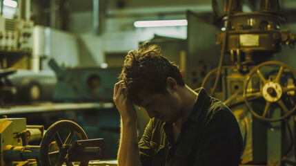 Tired Worker Taking a Break in Industrial Workshop - obrazy, fototapety, plakaty