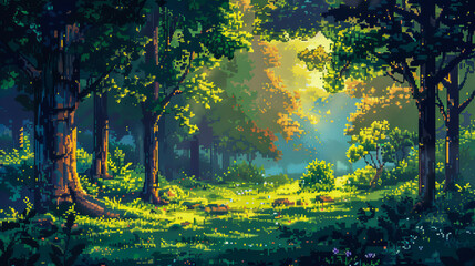 Serene Pixel Art Forest Scene with Sunlight Filtering Through Trees