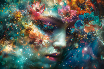 Dreamlike Floral Portrait with Vibrant Colors and Lights