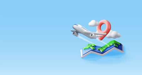 3D airplane in clouds and paper map. Render world travelling by plane. World map with location pin. Time to travel concept, holiday planning. Tourist worldwide transportation. Vector illustration