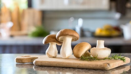A selection of fresh vegetable: trumpet mushrooms, sitting on a chopping board against blurred...