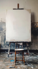 Blank Canvas on Easel in Art Studio with Vintage Stool