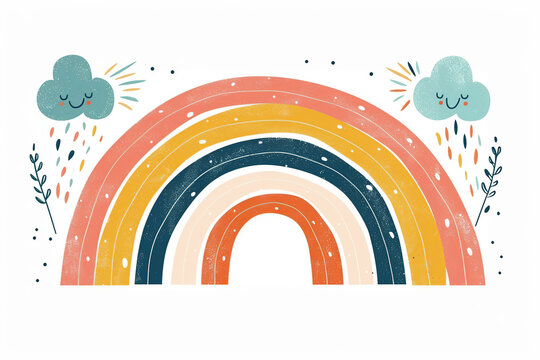 Boho baby rainbow and clouds, cute illustration on white background for nursery
