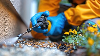 Employees at a termite control company are using a chemical sprayer to get rid of termites at customers' homes