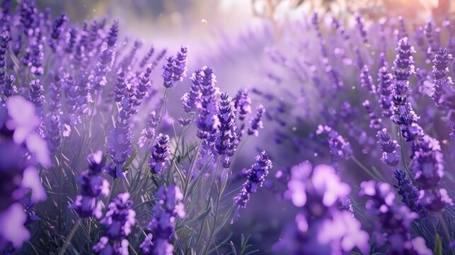 Beautiful lavender field. Purple flower background. Blossom violet aromatic plants.