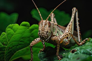 Fototapeta premium Mystic portrait of Brown Locust on leaves beside view, full body shot, Close-up View, 