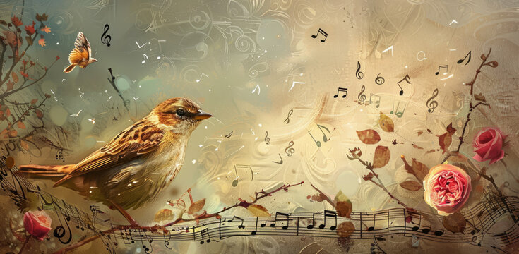 Moodboard, concept art of a bird and musical notes, in the background a collage with music sheet texture in a boho style with warm colors, watercolor