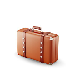3D vintage old travel suitcase isolated. Render leather retro bag. Brown briefcase with belts. Travel baggage and luggage. Holiday or vacation. Transportation concept. Realistic vector illustration