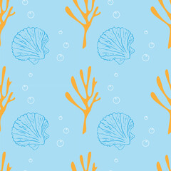 Marine ocean pattern with orange corals and air bubbles, blue contour seashells on pastel blue background.