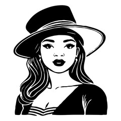 Fictional character of a woman with a hat. Black and white illustration. Logo design for use in graphics. Generated by Ai