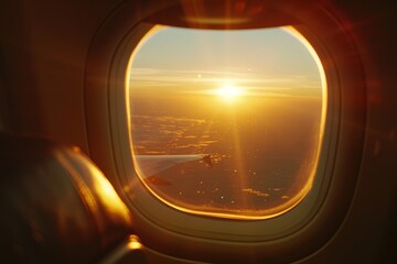 Airplane window from inside during sunset