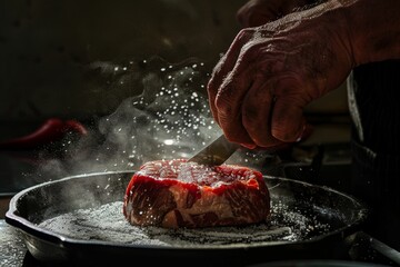 a butcher trimming a fat from a loin of steak