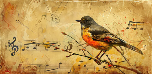 Moodboard, concept art of a bird and musical notes, in the background a collage with music sheet texture in a boho style with warm colors, watercolor