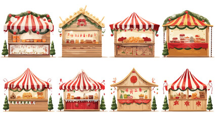 Christmas market food stalls set isolated on white background