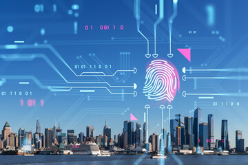 New York skyline overlay with futuristic hologram graphics, representing technology and security concepts on a cityscape background. Double exposure