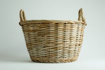 Traditional Woven Wicker Basket with Handles on a White Background