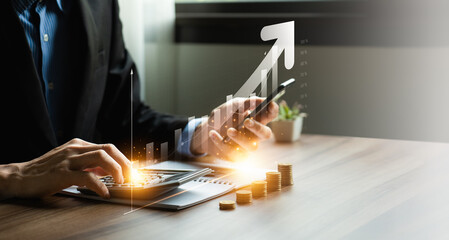 Fototapeta na wymiar Business finance and investment, Analyze economic growth charts for informed business finance decisions and financial decision-making. Stock Market report, Strategy, Data Collection, Forecasting