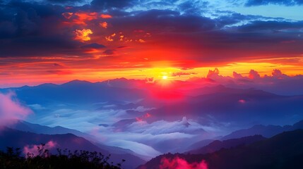 The sun sets behind the distant mountains, The clouds in front create an ethereal mist. Majestic mountain range, with rolling hills bathed in the golden sunlight. 