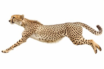 A cheetah in full sprint, showcasing the animal's speed and grace. Isolated on a white background for versatile use.