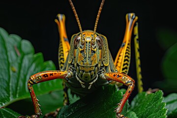 Fototapeta premium Mystic portrait of Common Field Grasshopper on leaves beside view, full body shot, Close-up View, 