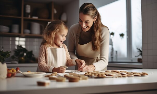 smilling mom and child enjoy love relation cudding hobby moment in kitchen sunday morning