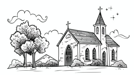 Church doodle drawing Flat vector isolated on white - obrazy, fototapety, plakaty