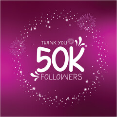 50K followers celebration design with white stars and sparkles, thanking subscribers on social media