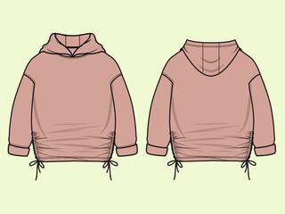 Front and Back View of Girls' Side Split Hoodie in Pink: A Detailed Flat Sketch.