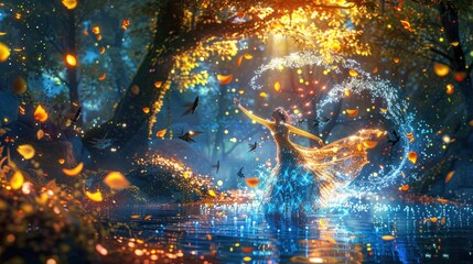 A beautiful girl with long flowing hair dances in a moonlit forest. She is wearing a dress made of leaves and flowers. The forest is full of magical creatures and glowing flowers.