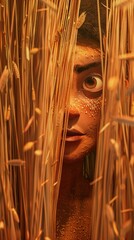 A beautiful girl with freckles and brown eyes peers out from behind a curtain of wheat.