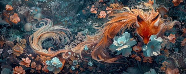 A fox with long, flowing hair made of flowers and plants - obrazy, fototapety, plakaty