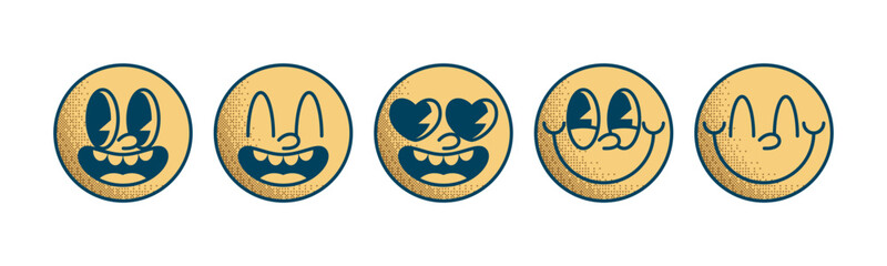 Set Icon Emoji Retro 30s. 50s, 60s old animation eyes and mouths elements. Vector illustration