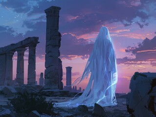 A ghost-like figure stands in front of a ruined temple. - obrazy, fototapety, plakaty