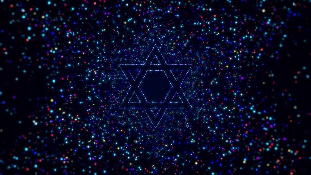 Abstract Futuristic Opener Digital Space Dark Shiny Blue Colorful Glowing Star Of David Judaism Symbol Border Frame With Glitter Sparkle Dots And Lines