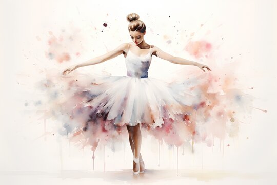 Beautiful ballerina in white tutu dancing with watercolor splashes