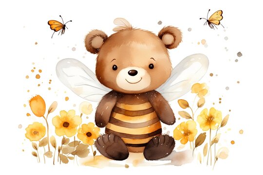 Watercolor illustration of a cute teddy bear with a bee.