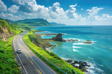 A car driving on the coastal highway, surrounded by cliffs and blue sea water, with green...