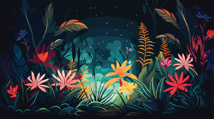 A jungle scene with plants that have glowing neon leaves