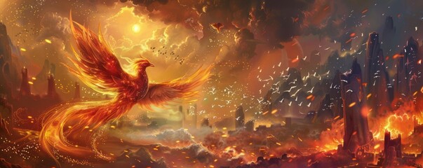 A phoenix is a mythical bird that is said to be a symbol of hope and renewal. It is said to live for 500 years, and then it will burst into flames and be reborn from the ashes. - obrazy, fototapety, plakaty