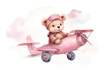 Cute teddy bear in a pilot hat with a toy airplane. Watercolor illustration