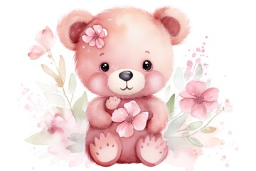 Cute watercolor teddy bear with flowers. Hand drawn illustration