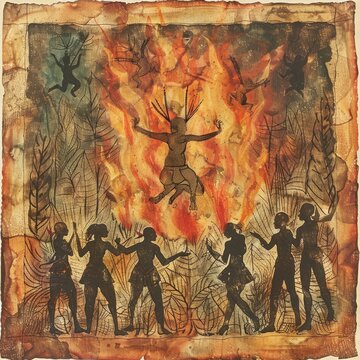 A painting of a ritual with a person in a trance dancing in a fire.