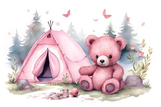 Watercolor illustration of a cute teddy bear and a tent in the forest