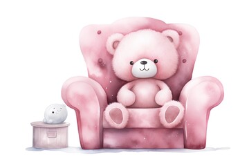 Cute cartoon bear sitting in armchair. Watercolor illustration.