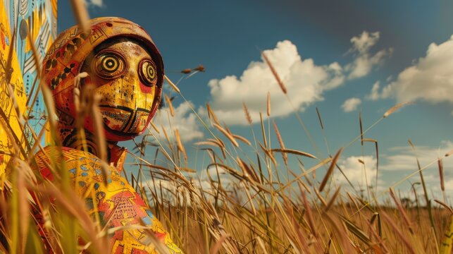 A robot scarecrow stands in a wheat field, wearing a colorful headdress and a traditional African mask.