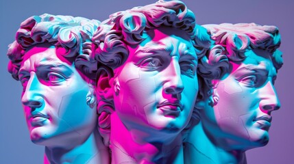 Ancient classical marble gypsum stoic, roman, greek bust, busts head sculpture against a colored background representing historical figures  - obrazy, fototapety, plakaty