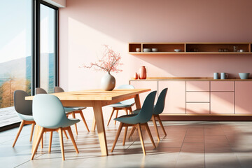 Bright and airy kitchen with wooden table and pastel colors.