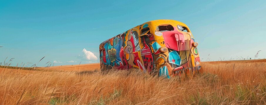 A yellow school bus sits abandoned in a field of wheat. The bus is painted in bright colors and has graffiti on it. The sky is blue, and there are clouds in the distance.