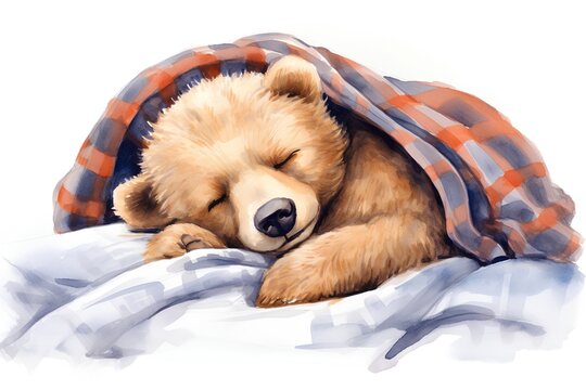 Watercolor illustration of a cute brown puppy sleeping under a plaid.
